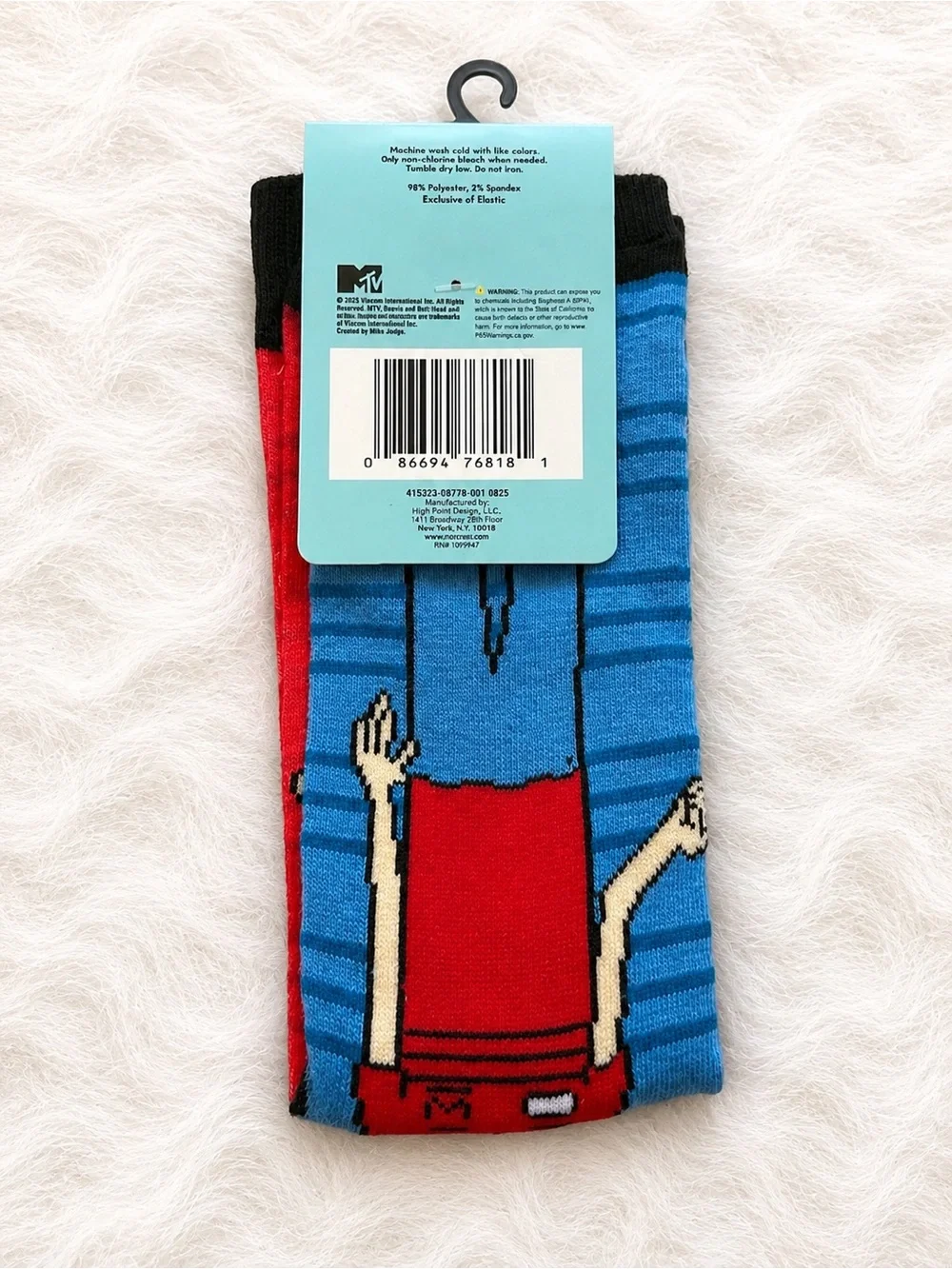 MTV Beavis Graphic Blue Crew Socks with Red Accents